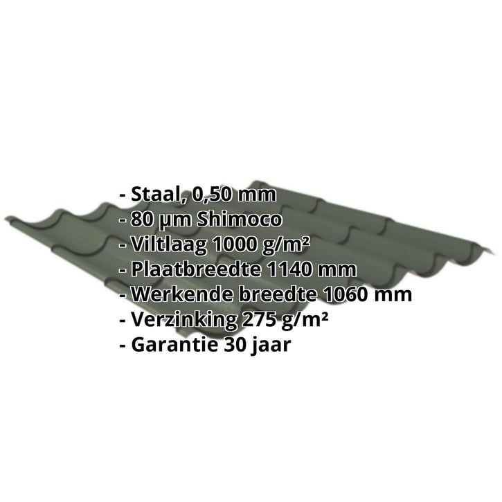 Dakpanplaat 2/1060 | Anti-Drup 1000 g/m² | Staal 0,50 mm | 80 µm Shimoco | 6020 - Chroomoxydegroen #2
