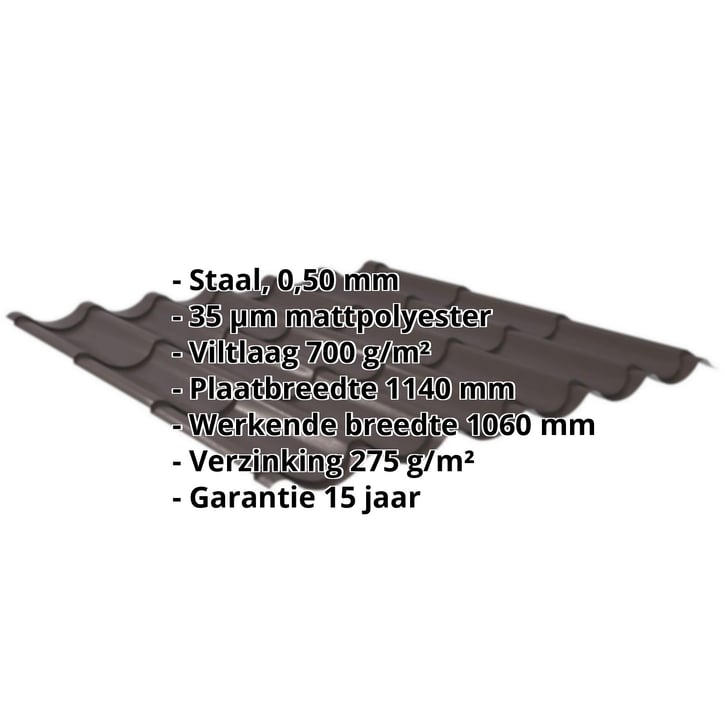 Dakpanplaat 2/1060 | Anti-Drup 700 g/m² | Staal 0,50 mm | 35 µm Mattpolyester | 32 - Donkerbruin #2