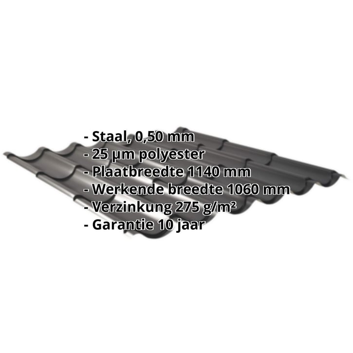 Dakpanplaat 2/1060 | Staal 0,50 mm | 25 µm Polyester | 9005 - Gitzwart #2