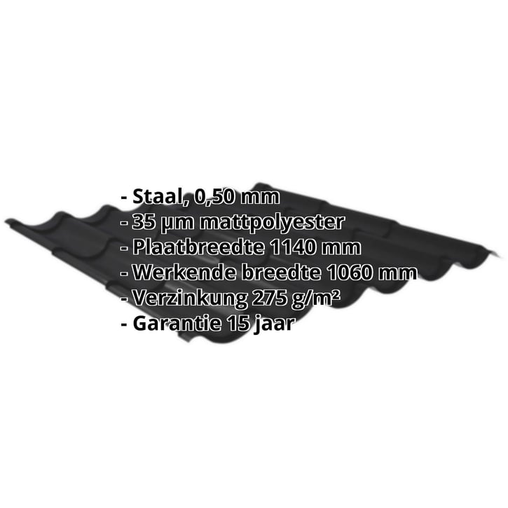 Dakpanplaat 2/1060 Staal 0,50 mm | 35 µm Mattpolyester | 33 - Zwart Dakpanplaat 2/1060 | Staal 0,50 mm | 35 µm Mattpolyester | 33 - Zwart #2