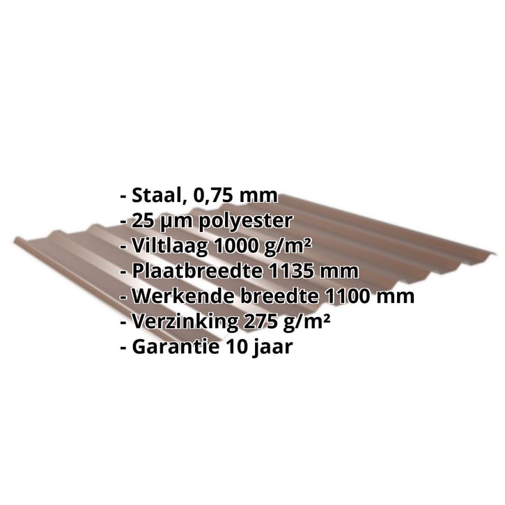 Damwandplaat 20/1100 | Dak | Anti-Drup 1000 g/m² | Staal 0,75 mm | 25 µm Polyester | 8011 - Notenbruin #2