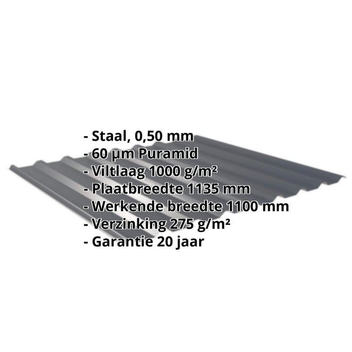 Damwandplaat 20/1100 | Dak | Anti-Drup 1000 g/m² Staal 0,50 mm | 60 µm Puramid | 7016 - Antracietgrijs Damwandplaat 20/1100 | Dak | Anti-Drup 1000 g/m² | Staal 0,50 mm | 60 µm Puramid | 7016 - Antracietgrijs #2