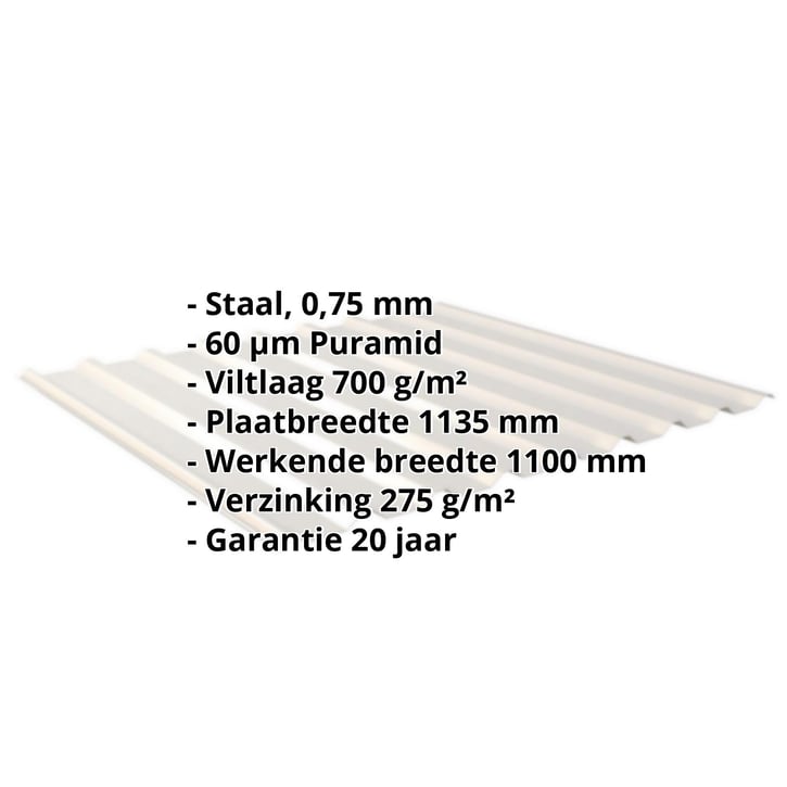 Damwandplaat 20/1100 | Dak | Anti-Drup 700 g/m² | Staal 0,75 mm | 60 µm Puramid | 9002 - Grijswit #2