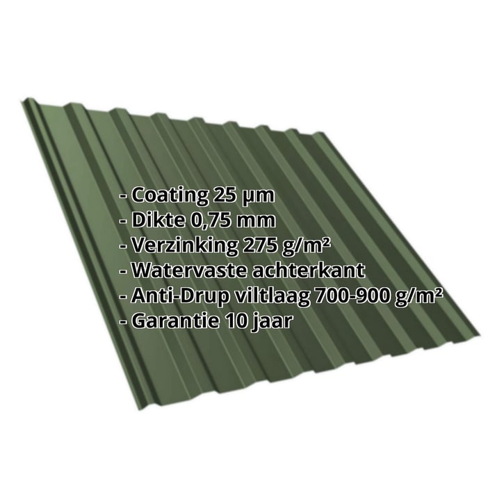 Damwandplaat T20M | Dak | Anti-Drup 700 g/m² | Staal 0,75 mm | 25 µm Polyester | 6020 - Chroomoxydegroen #2