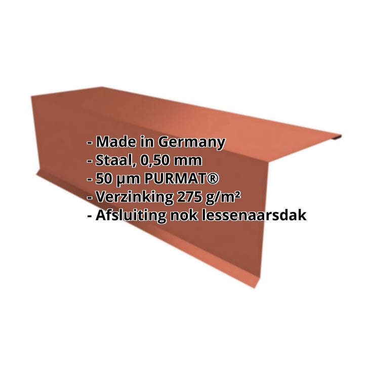Nok lessenaarsdak | 110 x 100 x 2000 mm | 80° | Staal 0,50 mm | 50 µm PURMAT® | 750 - Tegelrood #2