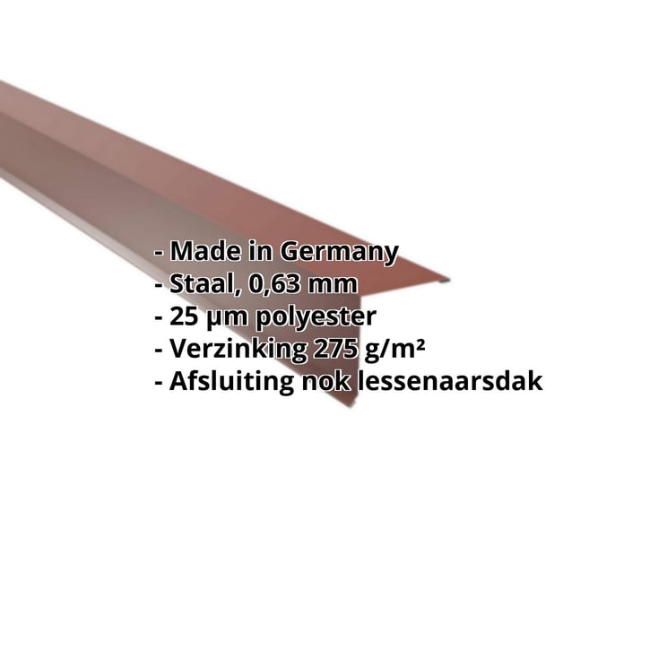 Nok lessenaarsdak | 115 x 115 mm | 85° | Staal 0,63 mm | 25 µm Polyester | 8012 - Roodbruin #2
