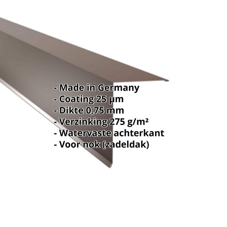 Nok lessenaarsdak | 200 x 250 mm | 80° | Staal 0,75 mm | 25 µm Polyester | 8011 - Notenbruin #2