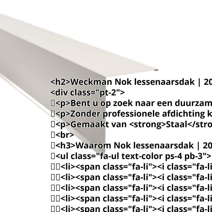 Nok lessenaarsdak | 200 x 250 mm | 85° | Staal 0,50 mm | 25 µm Polyester | 9010 - Zuiverwit #2