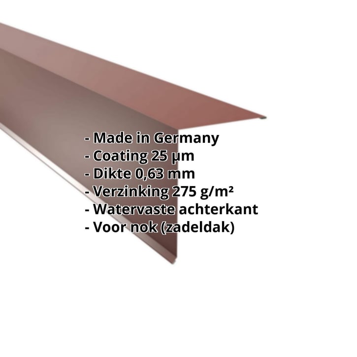 Nok lessenaarsdak | 200 x 250 mm | 85° | Staal 0,63 mm | 25 µm Polyester | 8012 - Roodbruin #2