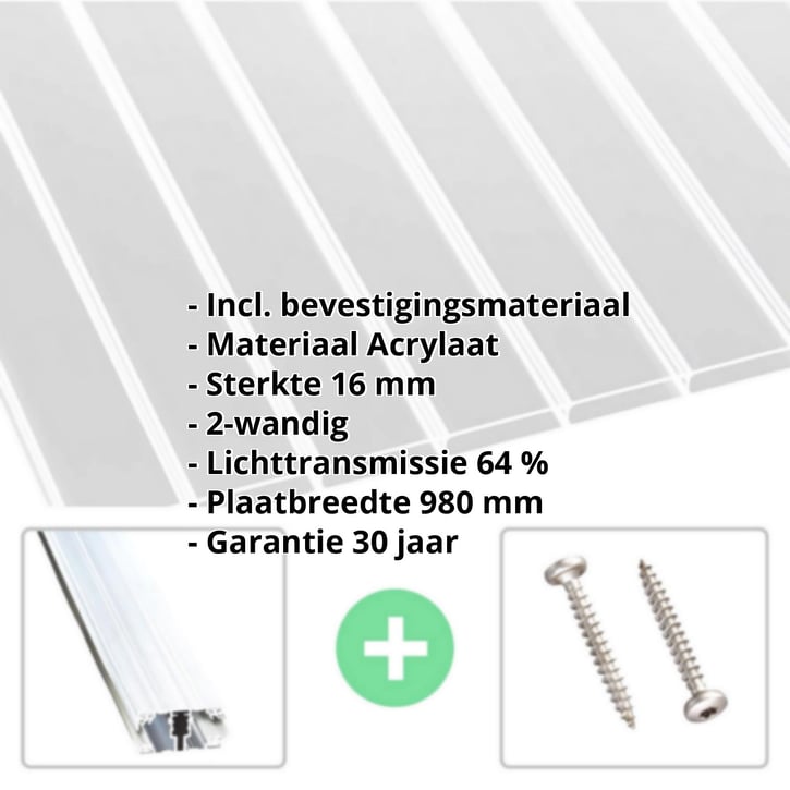 Acrylaat kanaalplaat | 16 mm | Profiel A1 | Voordeelpakket | Plaatbreedte 980 mm | Helder | Extra brede kanalen | Breedte 3,08 m | Lengte 2,0 #2