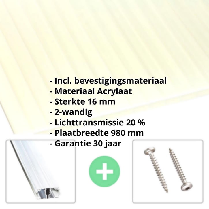 Acrylaat kanaalplaat | 16 mm | Profiel A1 | Voordeelpakket | Plaatbreedte 980 mm | Opaal wit / goud | Breedte 3,08 m | Lengte 2,00 m #2