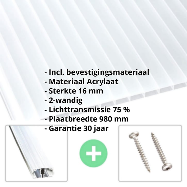 Acrylaat kanaalplaat | 16 mm | Profiel A1 | Voordeelpakket | Plaatbreedte 980 mm | Helder | Breedte 3,08 m | Lengte 2,00 m #2