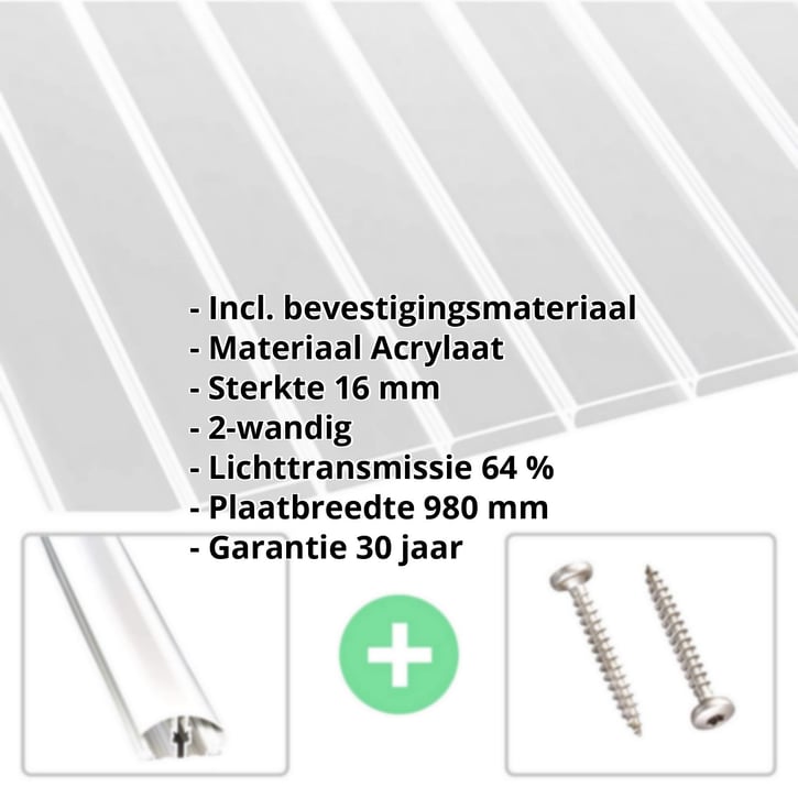 Acrylaat kanaalplaat | 16 mm | Profiel A4 | Voordeelpakket | Plaatbreedte 980 mm | Helder | Extra brede kanalen | Breedte 3,09 m | Länge 2,00 #2