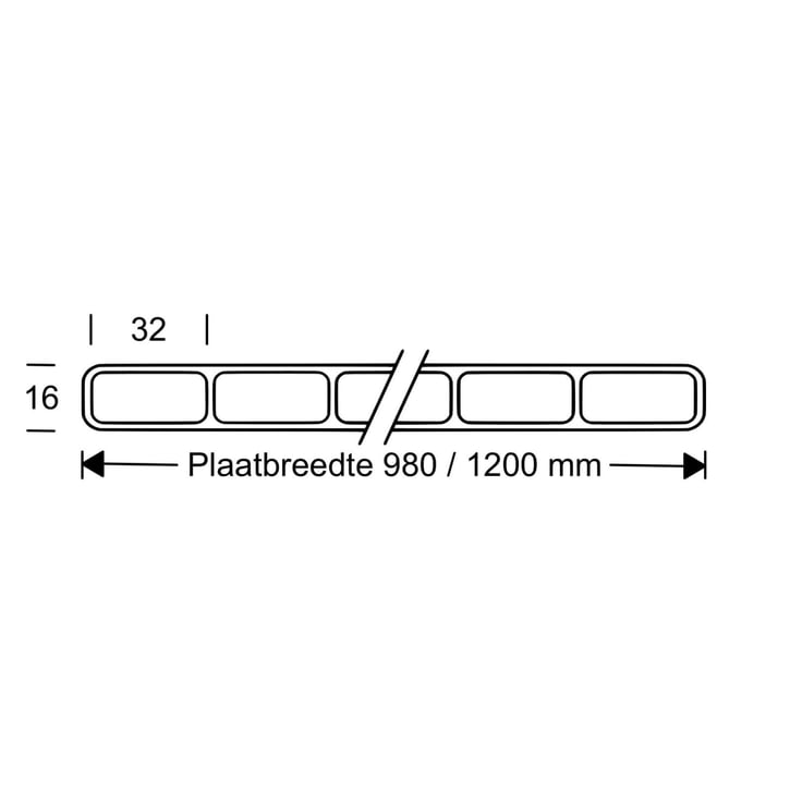 Acrylaat kanaalplaat | 16 mm | Profiel Mendig | Voordeelpakket | Plaatbreedte 1200 mm | Opaal wit | Breedte 3,75 m | Lengte 2,00 m #10