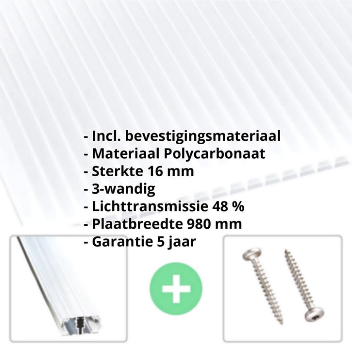 Polycarbonaat kanaalplaat | 16 mm | Profiel A1 | Voordeelpakket | Plaatbreedte 980 mm | Opaal wit | Blueline | Breedte 3,08 m | Lengte 2,00 m #2