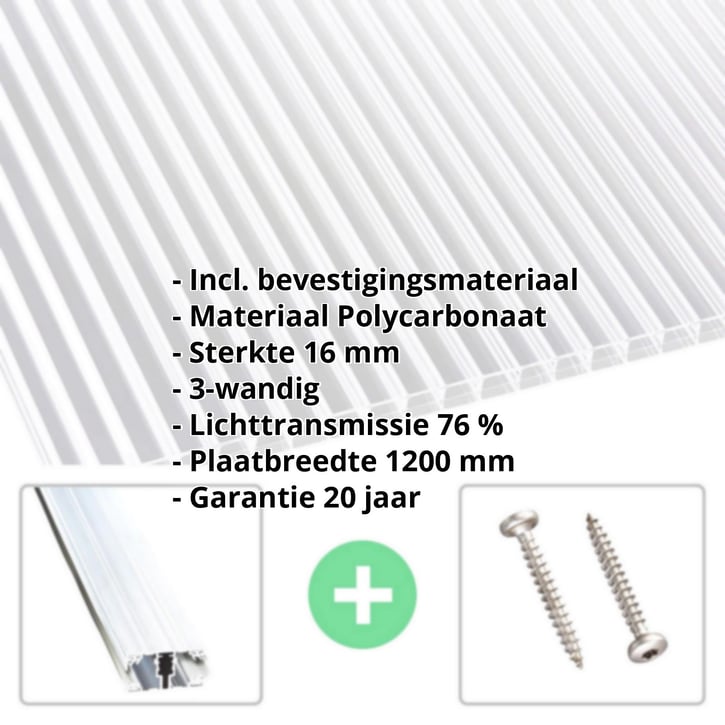 Polycarbonaat kanaalplaat | 16 mm | Profiel A1 | Voordeelpakket | Plaatbreedte 1200 mm | Helder | dubbelzijdige UV-bescherming | Breedte 3,74 m | #2