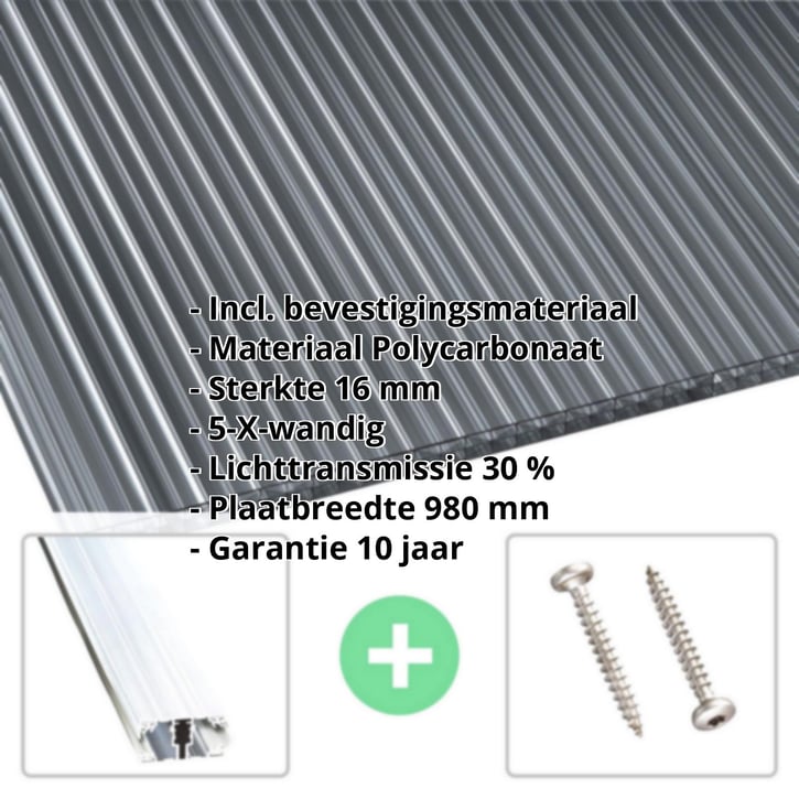 Polycarbonaat kanaalplaat | 16 mm | Profiel A1 | Voordeelpakket | Plaatbreedte 980 mm | Grafiet | Extra sterk | Breedte 3,08 m | Lengte 2,0 #2