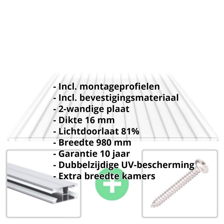 Polycarbonaat kanaalplaat | 16 mm | Profiel DUO | Voordeelpakket | Plaatbreedte 980 mm | Helder | Brede kanaal | Breedte 3,09 m | Lengte 2,00 #2