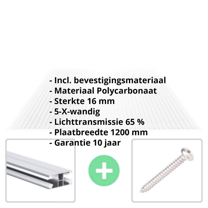 Polycarbonaat kanaalplaat | 16 mm | Profiel DUO | Voordeelpakket | Plaatbreedte 1200 mm | Helder | Extra sterk | Breedte 3,75 m | Lengte 2,00 m #2