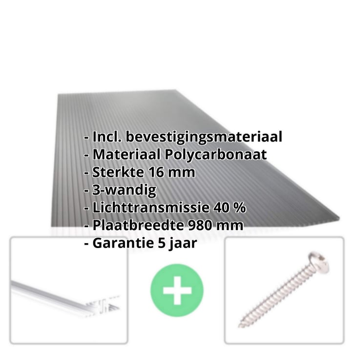 Polycarbonaat kanaalplaat | 16 mm | Profiel Zeven | Voordeelpakket | Plaatbreedte 980 mm | Antracietgrijs | Novalite | Breedte 3,13 m | Lengte 2,00 m #2