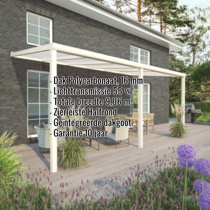 Terrasoverkapping | Sneeuwzone 1 | RAL 9001 | Plaat opaal wit | Lijst halfrond | Breedte 9,06 m | Diepte 4,00 m #2