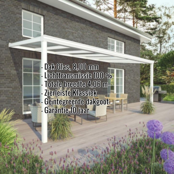 Terrasoverkapping | Sneeuwzone 1 | RAL 9016 | Glasplaat helder | Lijst klassiek | Breedte 4,06 m | Diepte 4,00 m #2