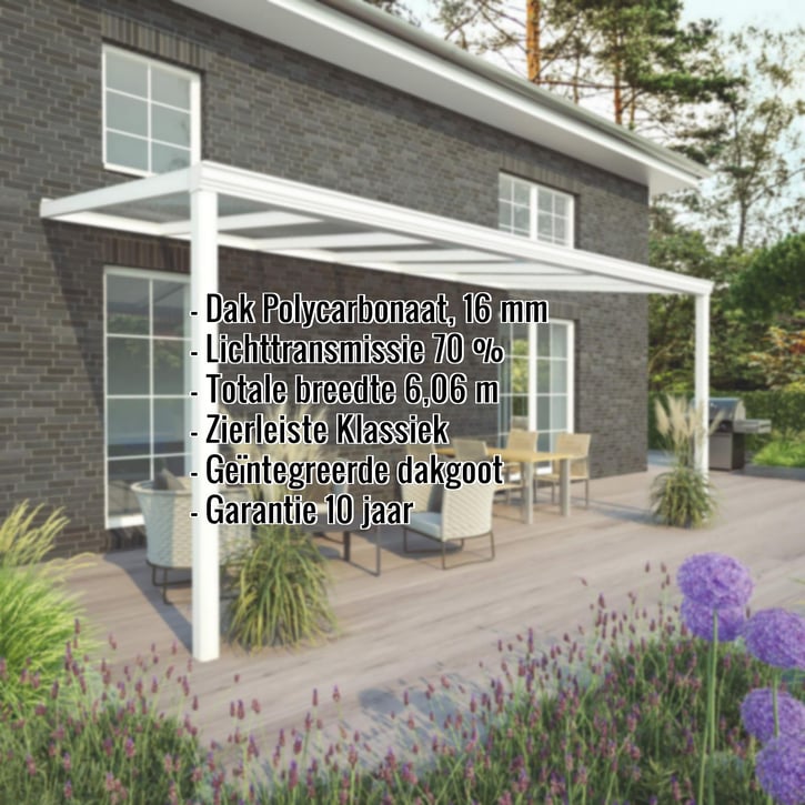 Terrasoverkapping | Sneeuwzone 2 | RAL 9016 | Plaat helder | Lijst klassiek | Breedte 6,06 m | Diepte 2,00 m #2