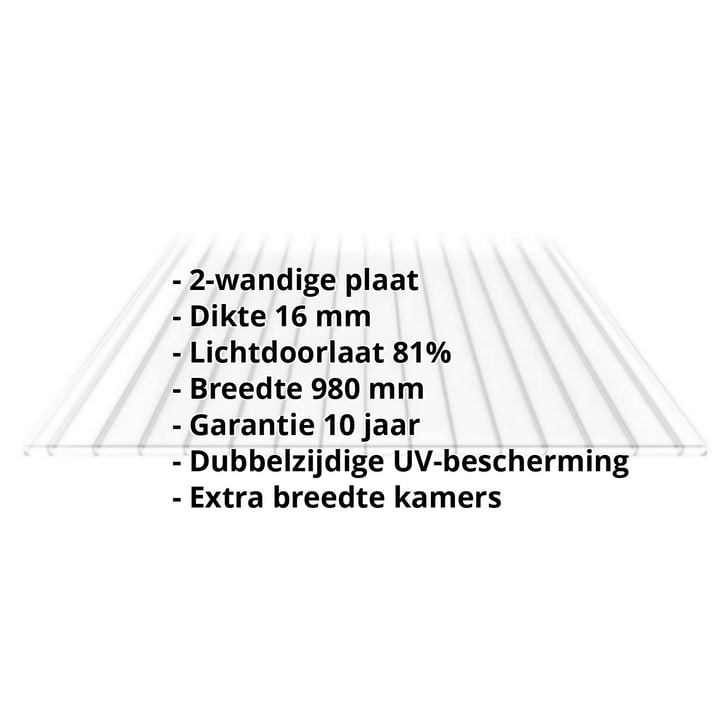 Polycarbonaat kanaalplaat | 16 mm | Breedte 980 mm | Helder | Dubbelzijdige UV-bescherming | Extra brede kanalen #2