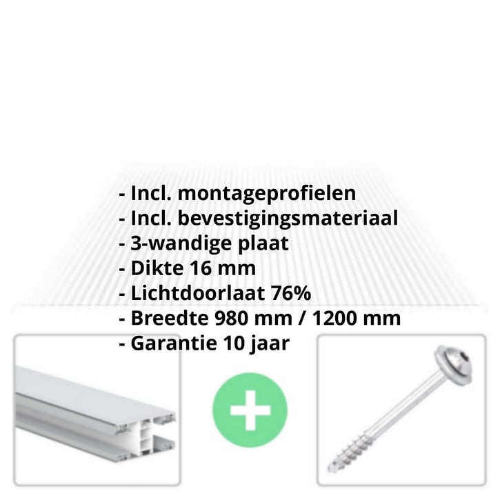 Polycarbonaat kanaalplaat | 16 mm | Profiel Mendig | Voordeelpakket | Plaatbreedte 980 mm | Helder | Breedte 3,09 m | Lengte 2,00 m #2