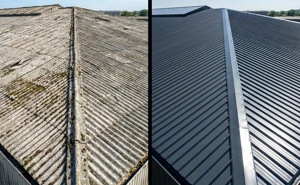 Dakrenovatie: vervanging van asbesthoudende golfplaten door moderne metalen platen