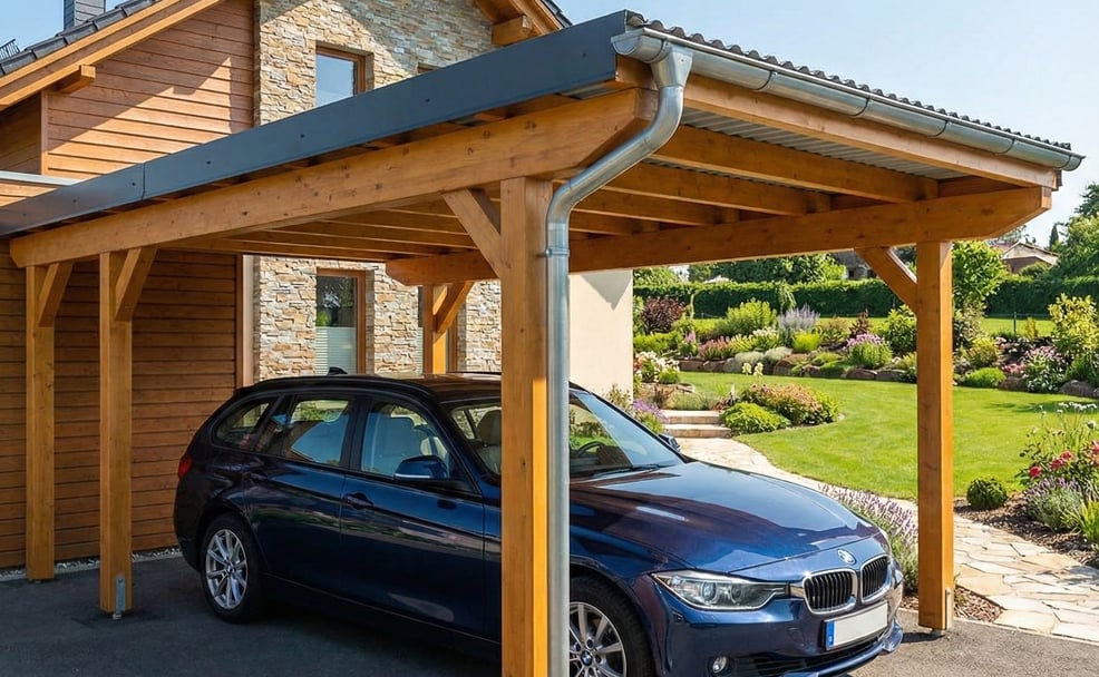 Moderne dubbele carport met antracietkleurige damwandplaten als dak en bijpassende afwatering