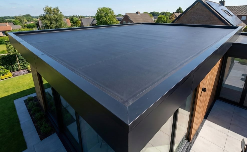 Naadloze vlakke-daken-afdichting met zwarte EPDM dakfolie op een moderne aanbouw