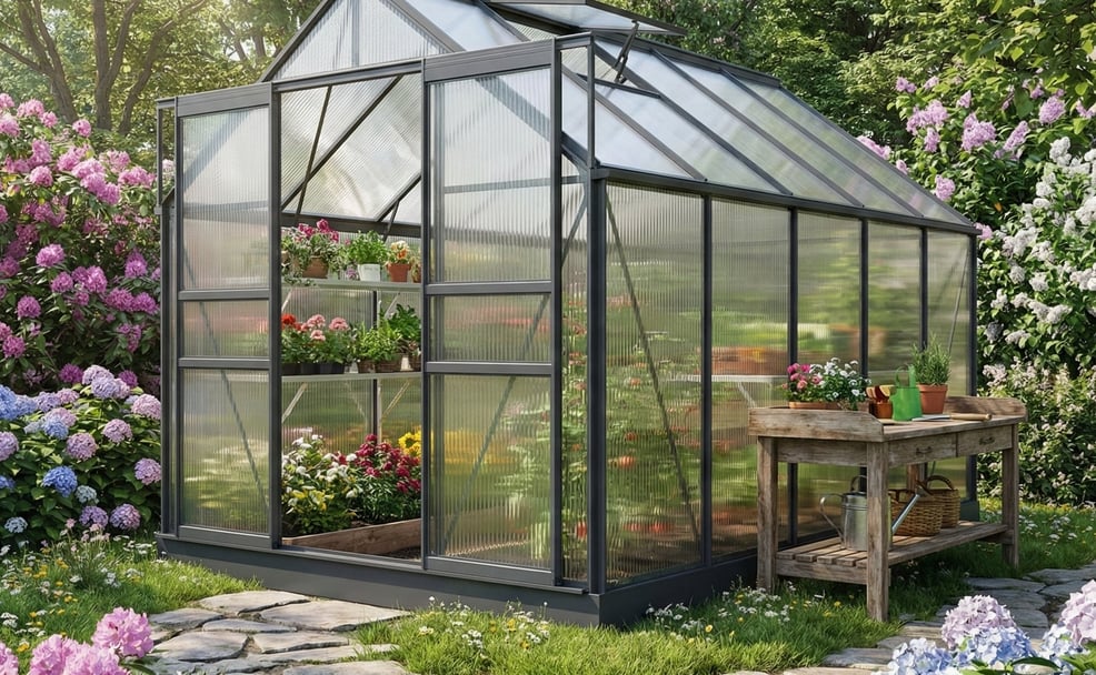 Hobbykas in de tuin met heldere meerwandige platen van polycarbonaat