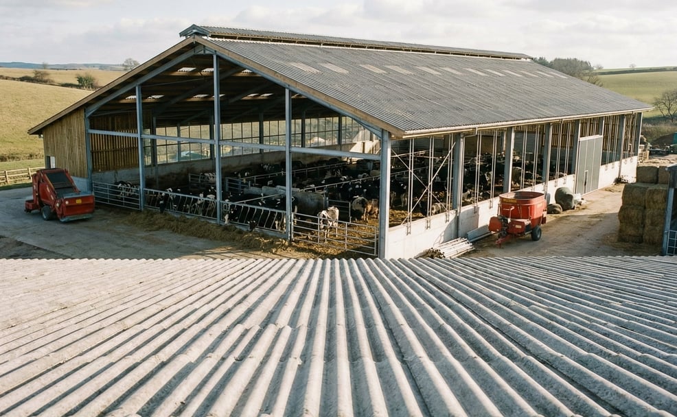 Groot stal dak met grijze vezelcement golfplaten voor optimale ventilatie