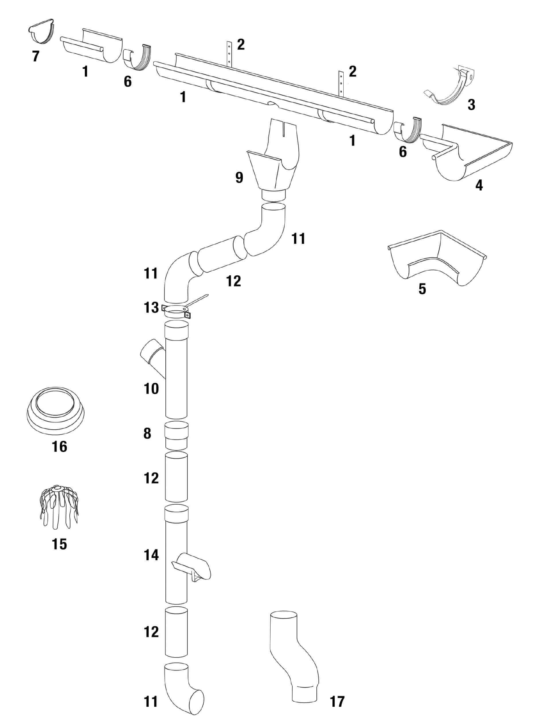 Gedetailleerde illustratie van dakgoten van gips De afbeelding toont de onderdelen van een Plastal dakgoten systeem, inclusief dakgoten, regenpijpen en bevestigingsmateriaal, voor installatie.