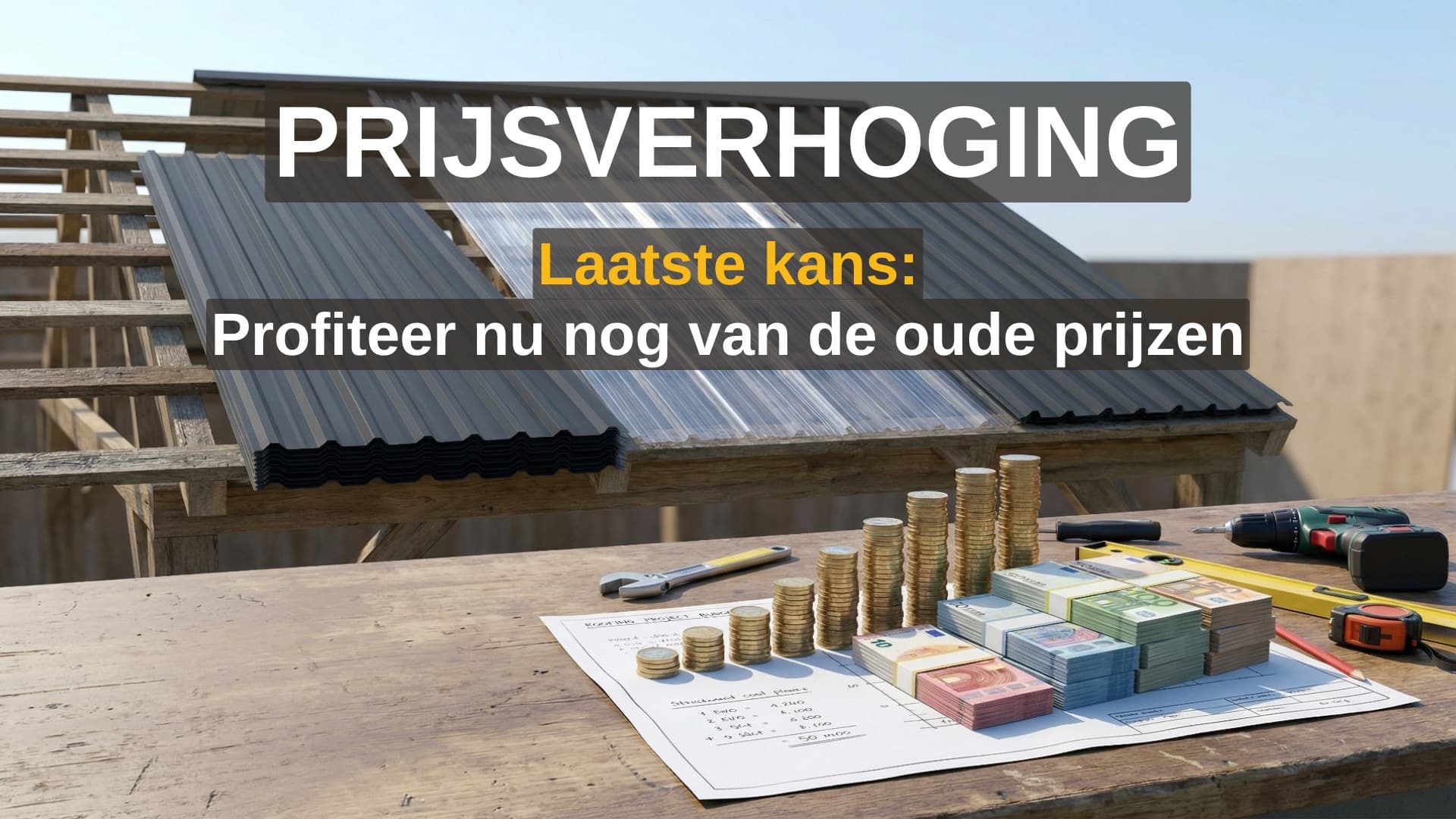  Dakplaten op een bouwplaats met opgestapelde munten als symbool voor stijgende prijzen – Laatste kans: profiteer nu nog van de oude prijzen.