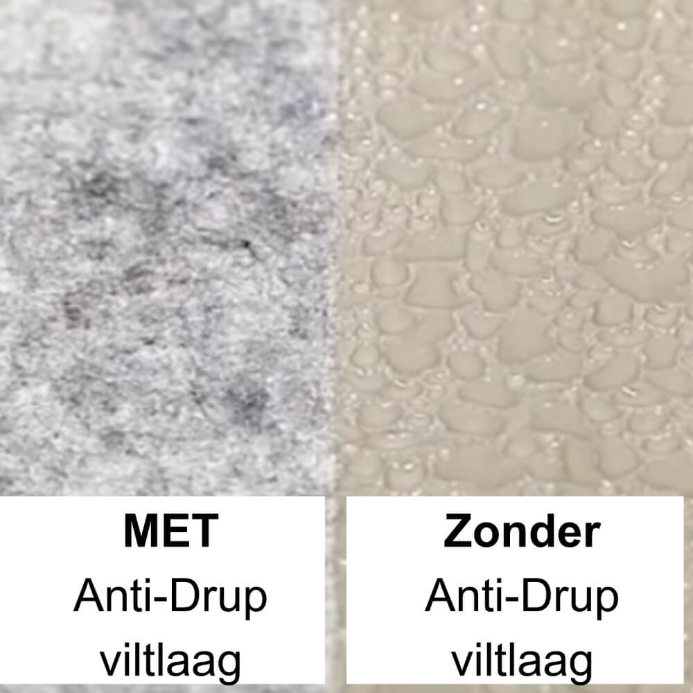 Dakplaten met en zonder antidruipviltlaag vergeleken om de doeltreffendheid tegen condensatiewater aan te tonen
