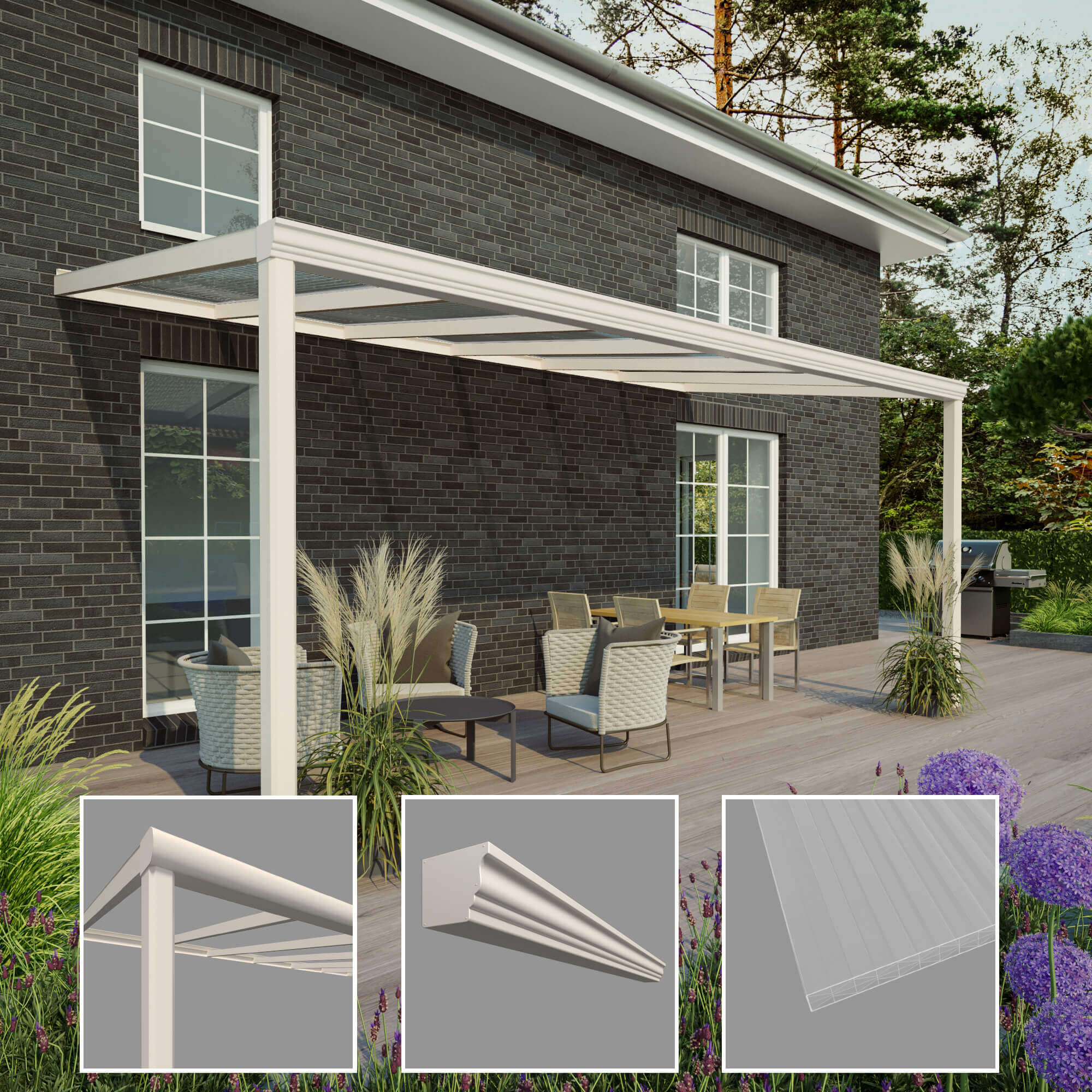 Moderne terrasoverkapping in wit met gedetailleerde weergaven van aanpassingsopties zoals dakhelling en regengoten