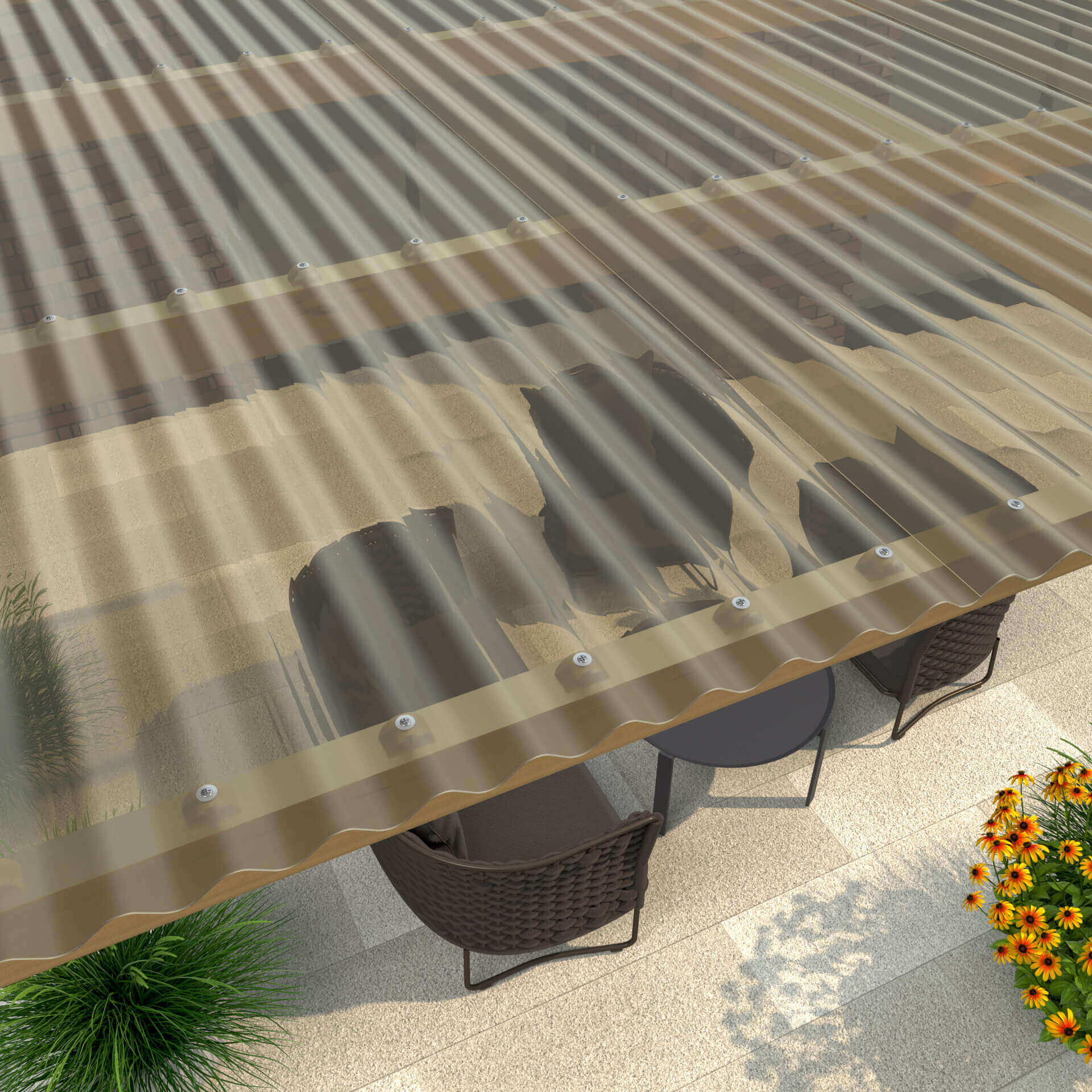Gekleurde golfplaten voor terrasoverkappingen Semi-transparante golfplaten in bruintinten als lichtplaten voor terrasoverkappingen, lichtdoorlatend en weerbestendig, met metalen versterking